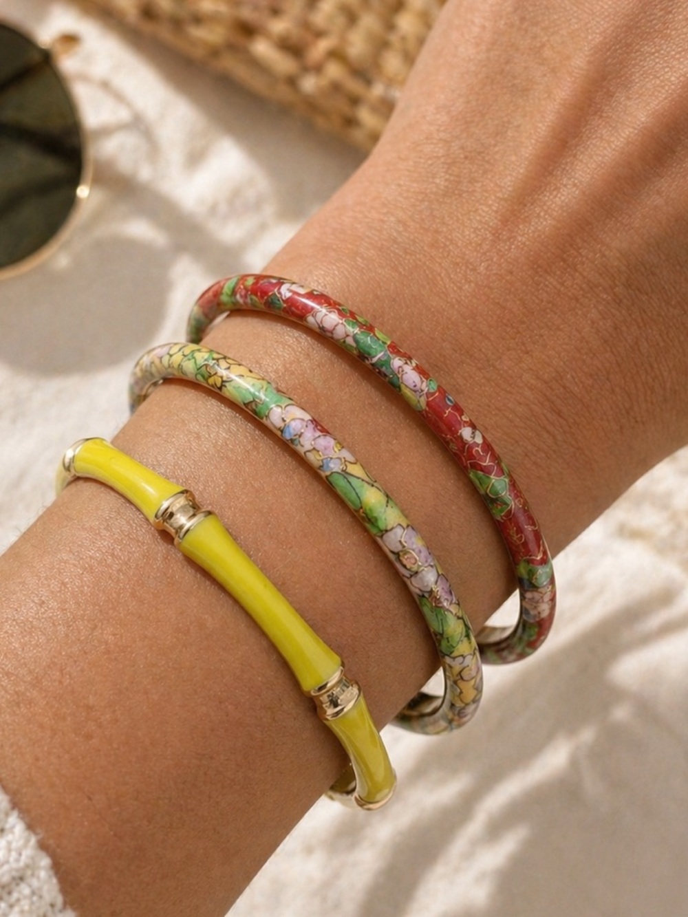 Y2K Vintage Enamel Bangle Set Colorful Cloisonné Floral Yellow Stack Bracelets